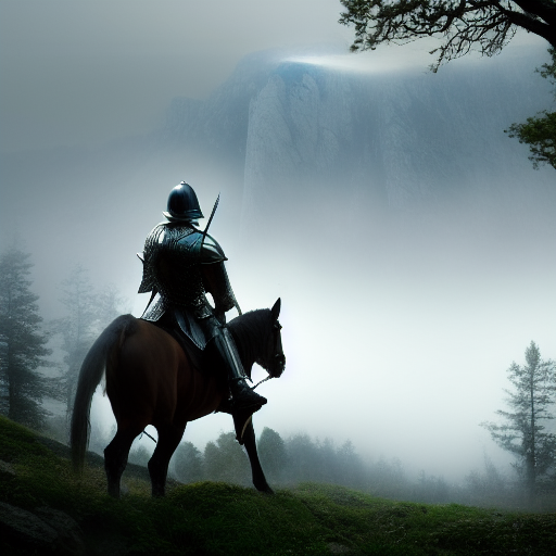 Perceval, clad in shining armor, stands at the edge of a misty forest with his trusty steed, his determined gaze fixed on a distant mountaintop where the Grail is said to reside.